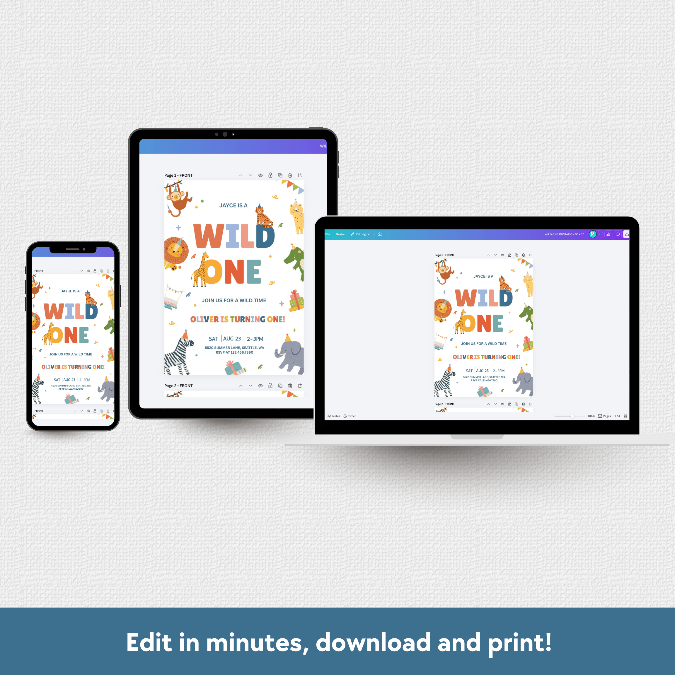 Digital invitations for a 'Wild One' birthday party displayed on a tablet, phone, and computer screen.
