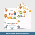 Children's birthday invitation with colorful animals and envelope on a white background