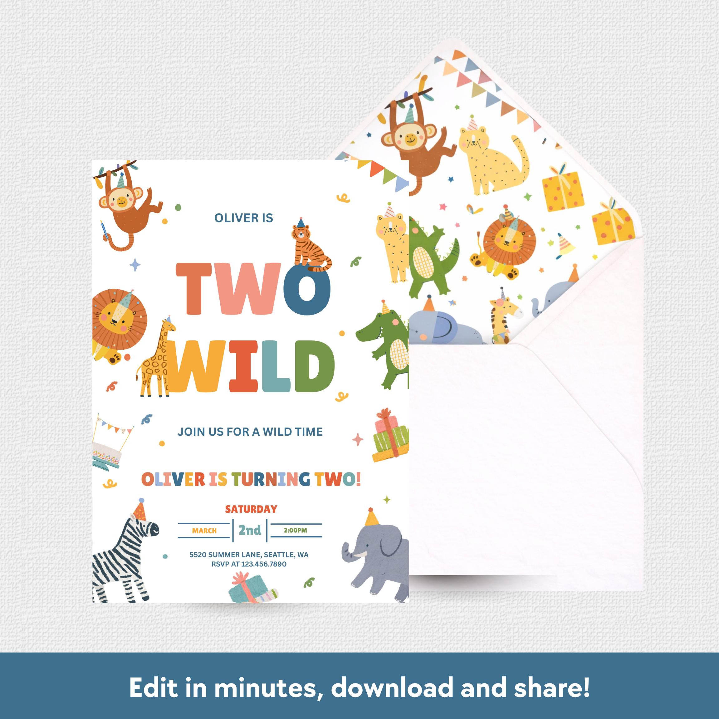 Children's birthday invitation with colorful animals and envelope on a white background