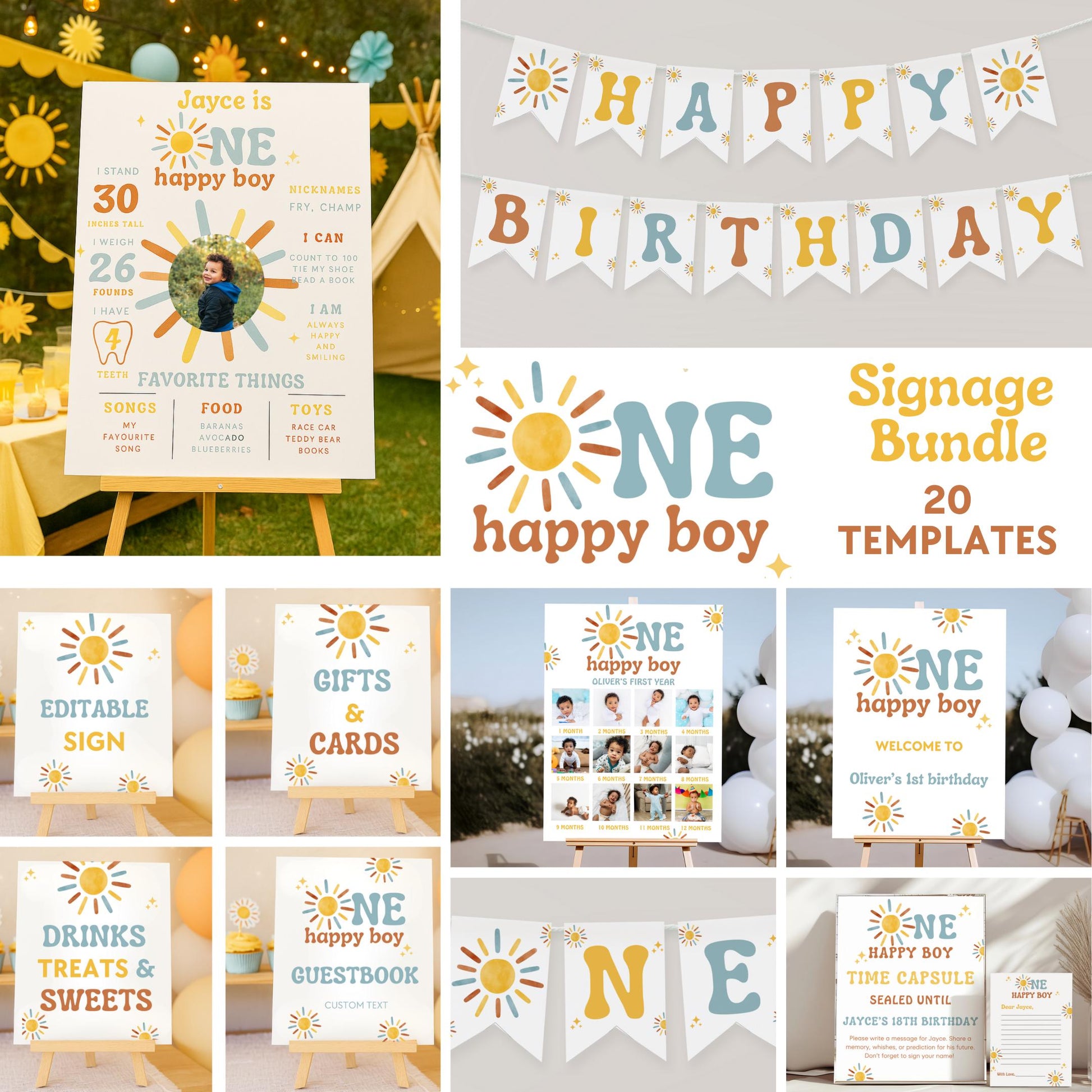 One Happy Boy Birthday Signage Bundle - 1st Trip Around The Sun - Digital Download