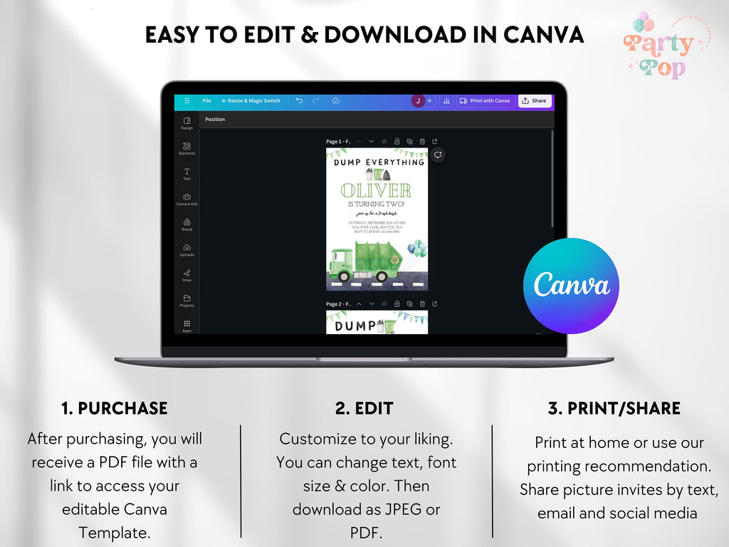 Garbage Truck Invitation - Digital Download