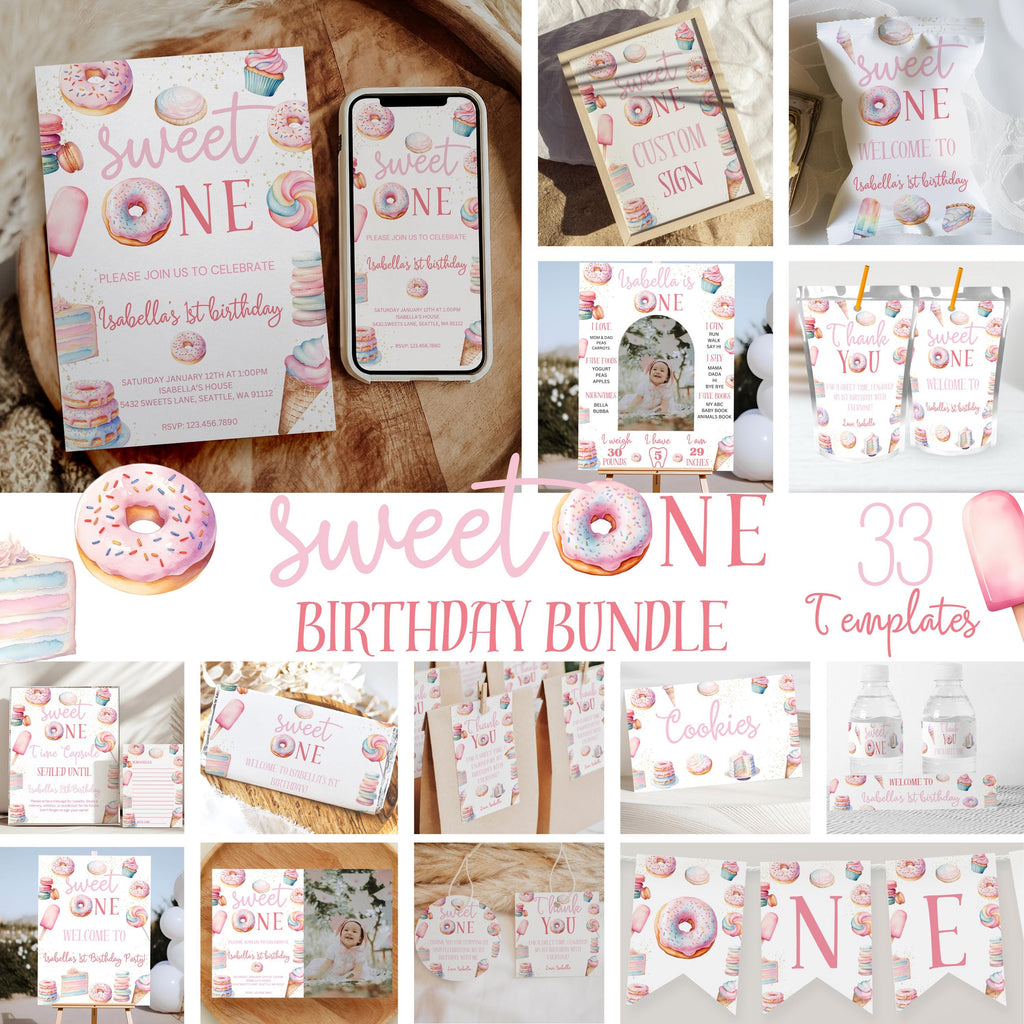 Sweet One 1st Birthday Bundle - Sweets Themed Birthday Supplies - Digital Download