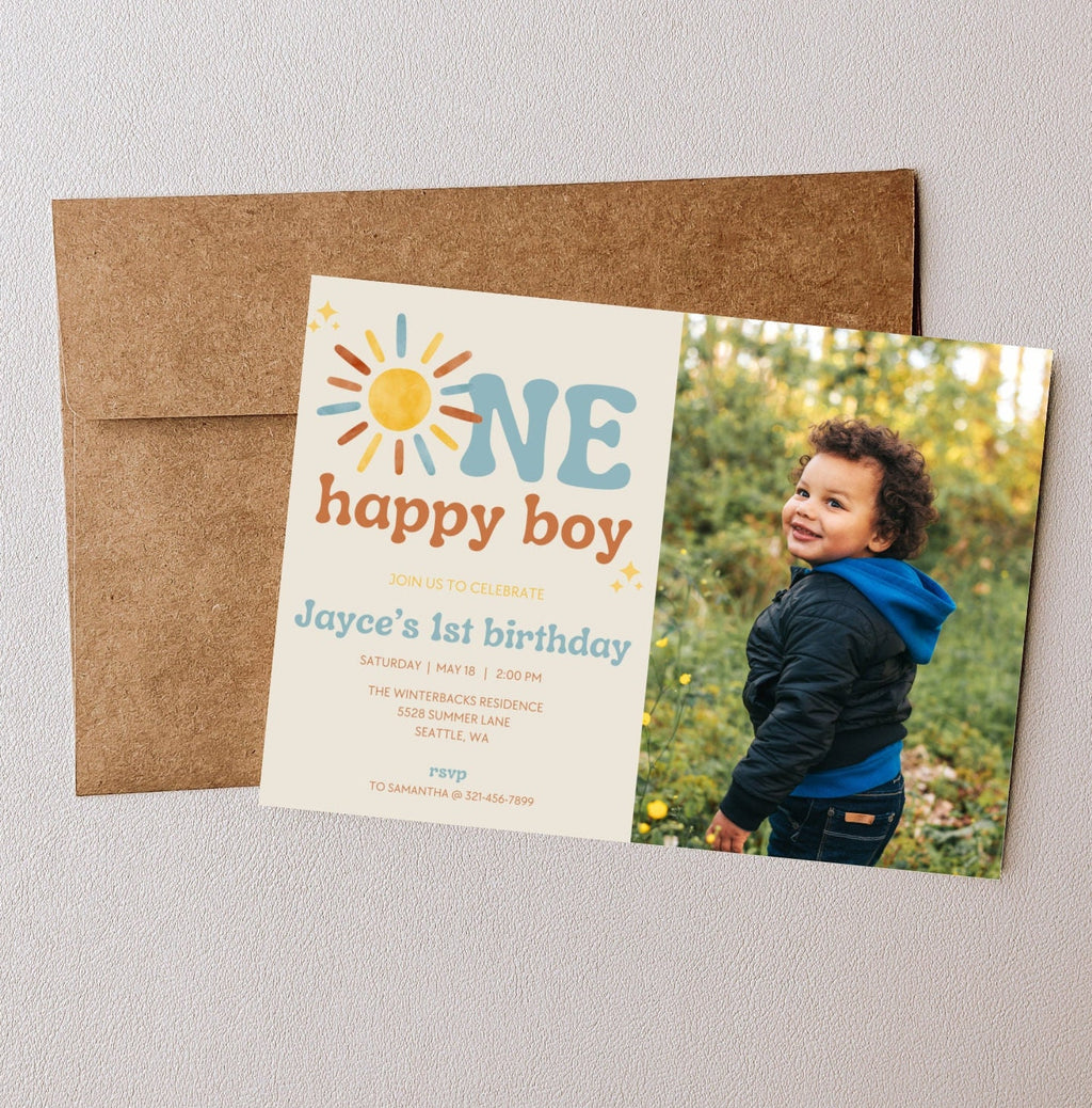 One Happy Boy 1st Birthday Photo Invitation - Digital Download