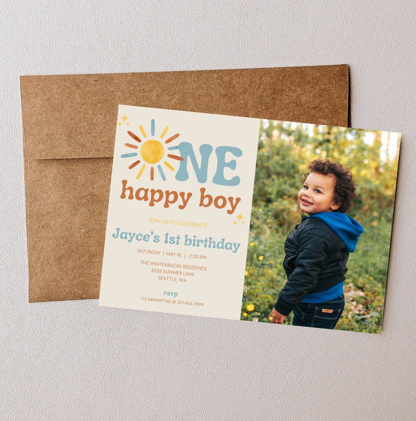 One Happy Boy 1st Birthday Photo Invitation - Digital Download
