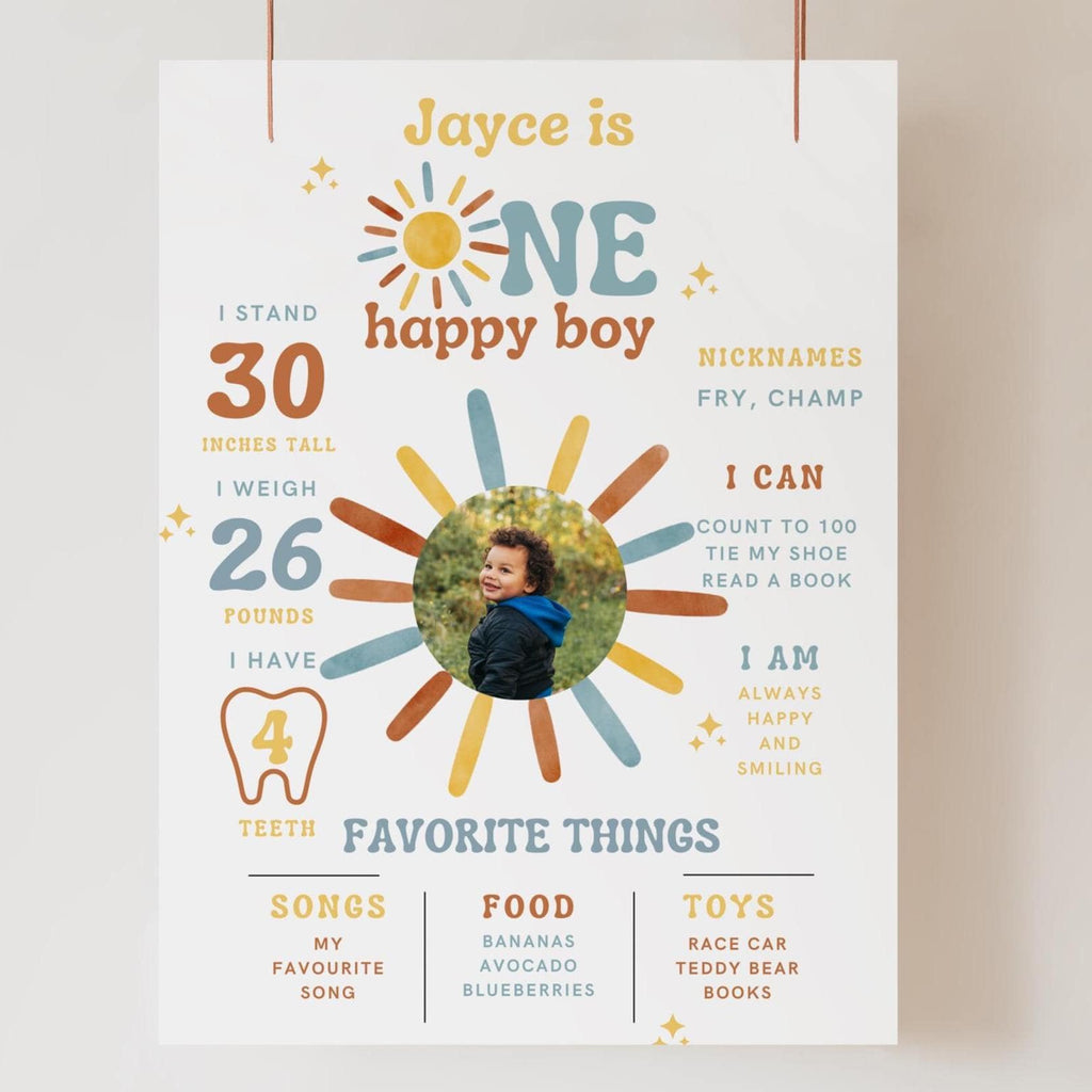 One happy Boy Milestone Board - First Birthday Milestone Board - Boho Sunshine - Digital Download