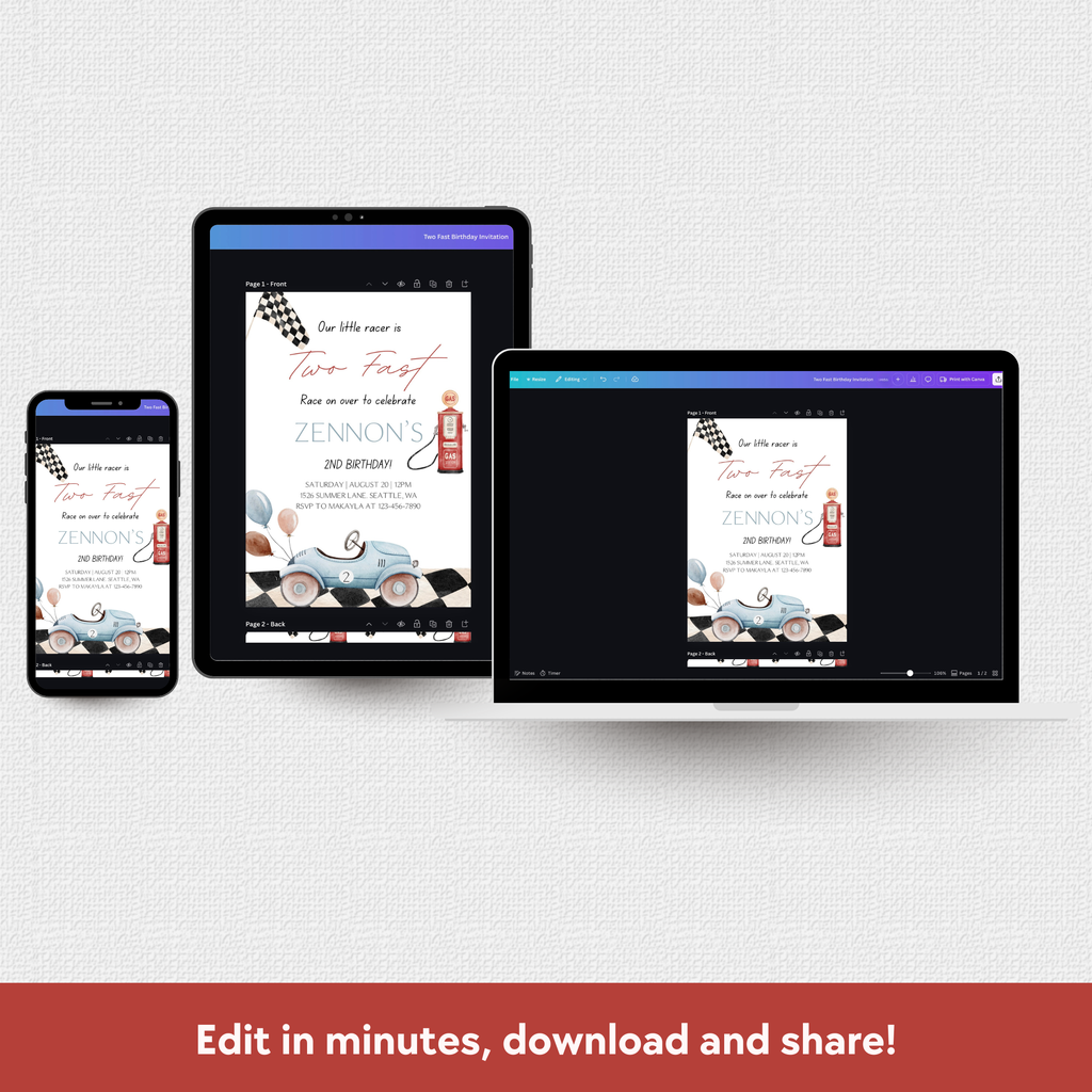 Smartphone, tablet, and laptop displaying a baby shower invitation on a white background with text 'Edit in minutes, download and share!'.