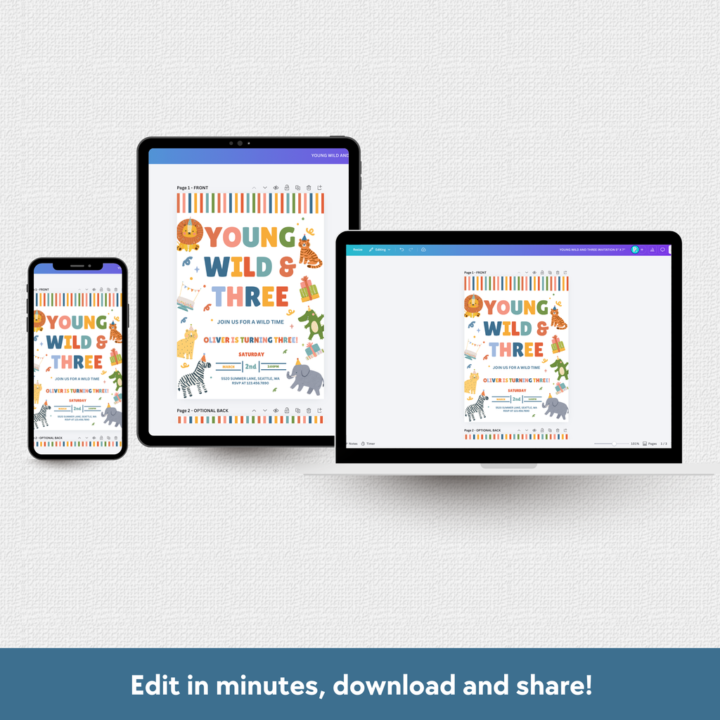 Smartphone, tablet, and computer displaying a 'Young Wild & Three' design on a white background.