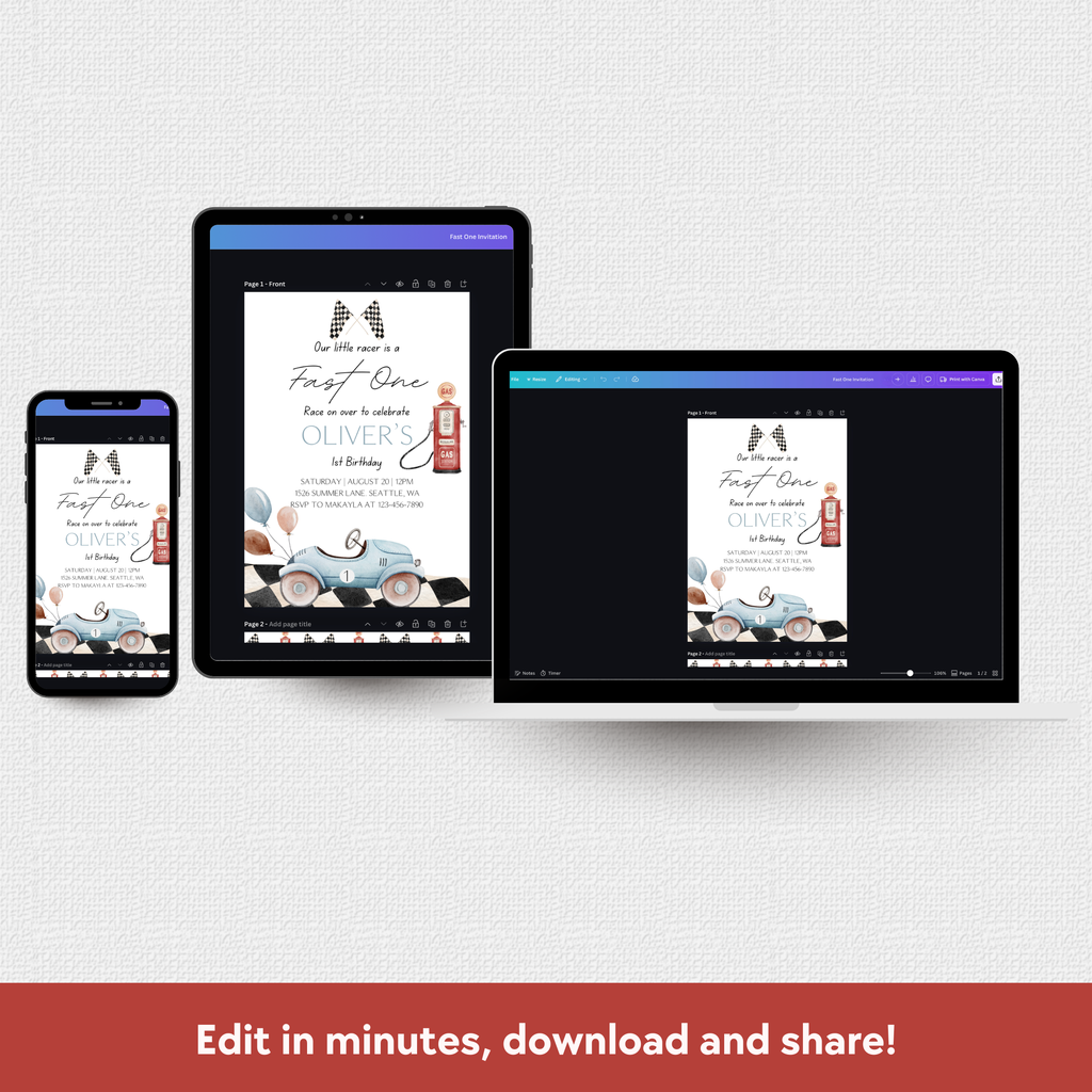 Smartphone, tablet, and laptop displaying a baby shower invitation on a white background with text 'Edit in minutes, download and share!'.