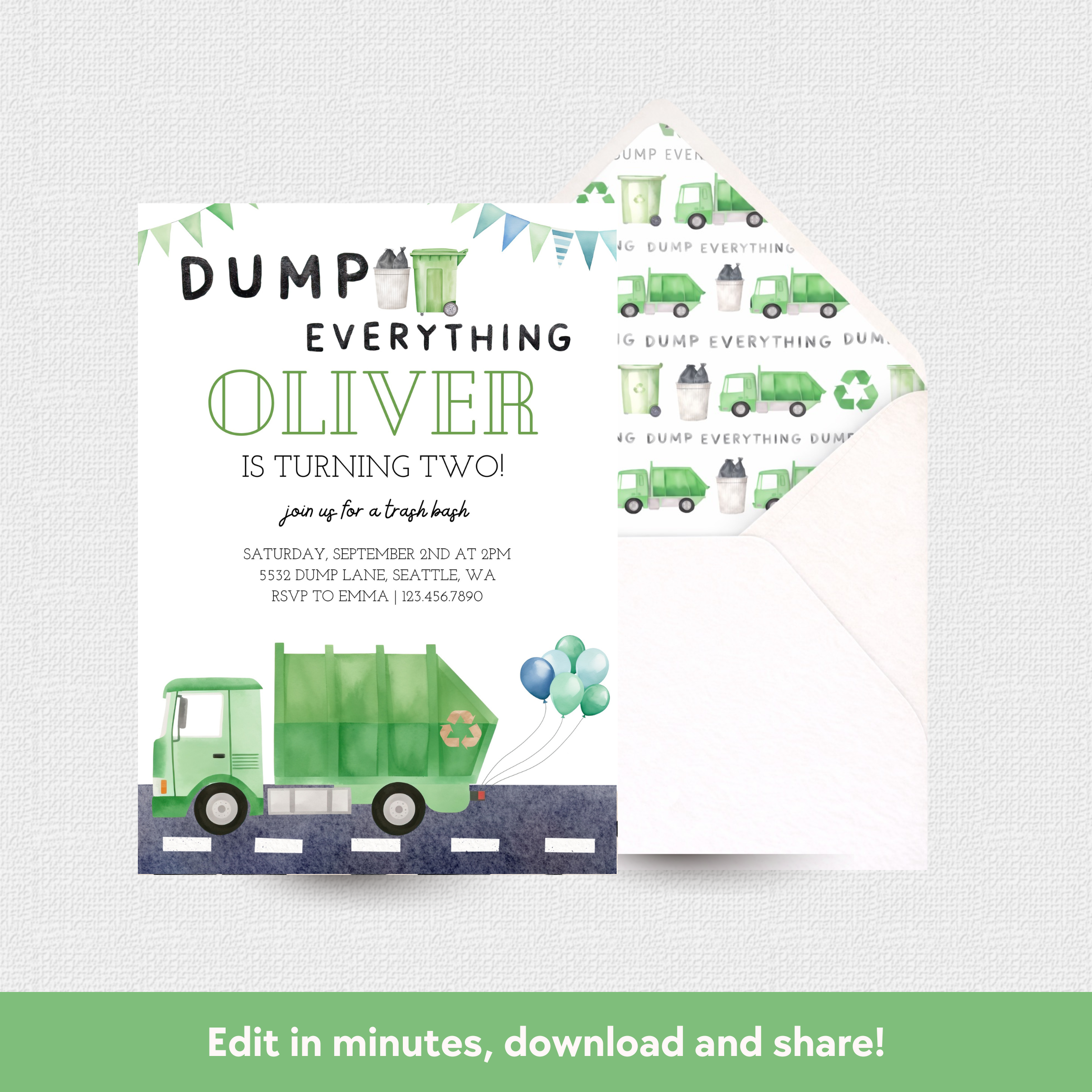 Invitation card with a green garbage truck design on a white background