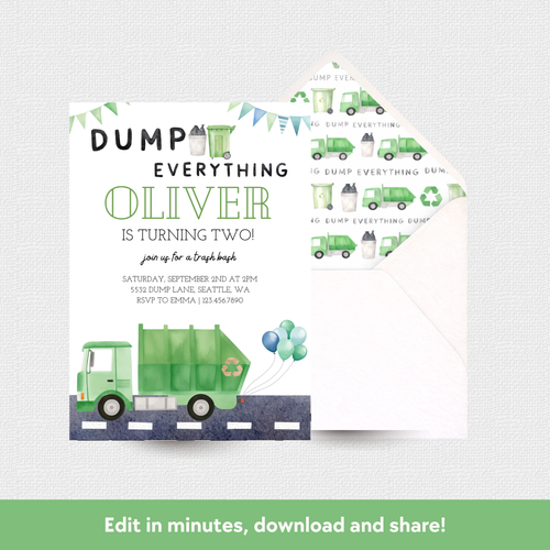 Invitation card with a green garbage truck design on a white background