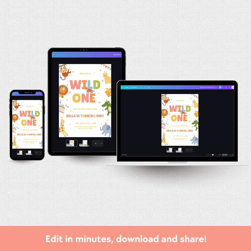 Wild One Girl 1st Birthday Download + Print Invitation