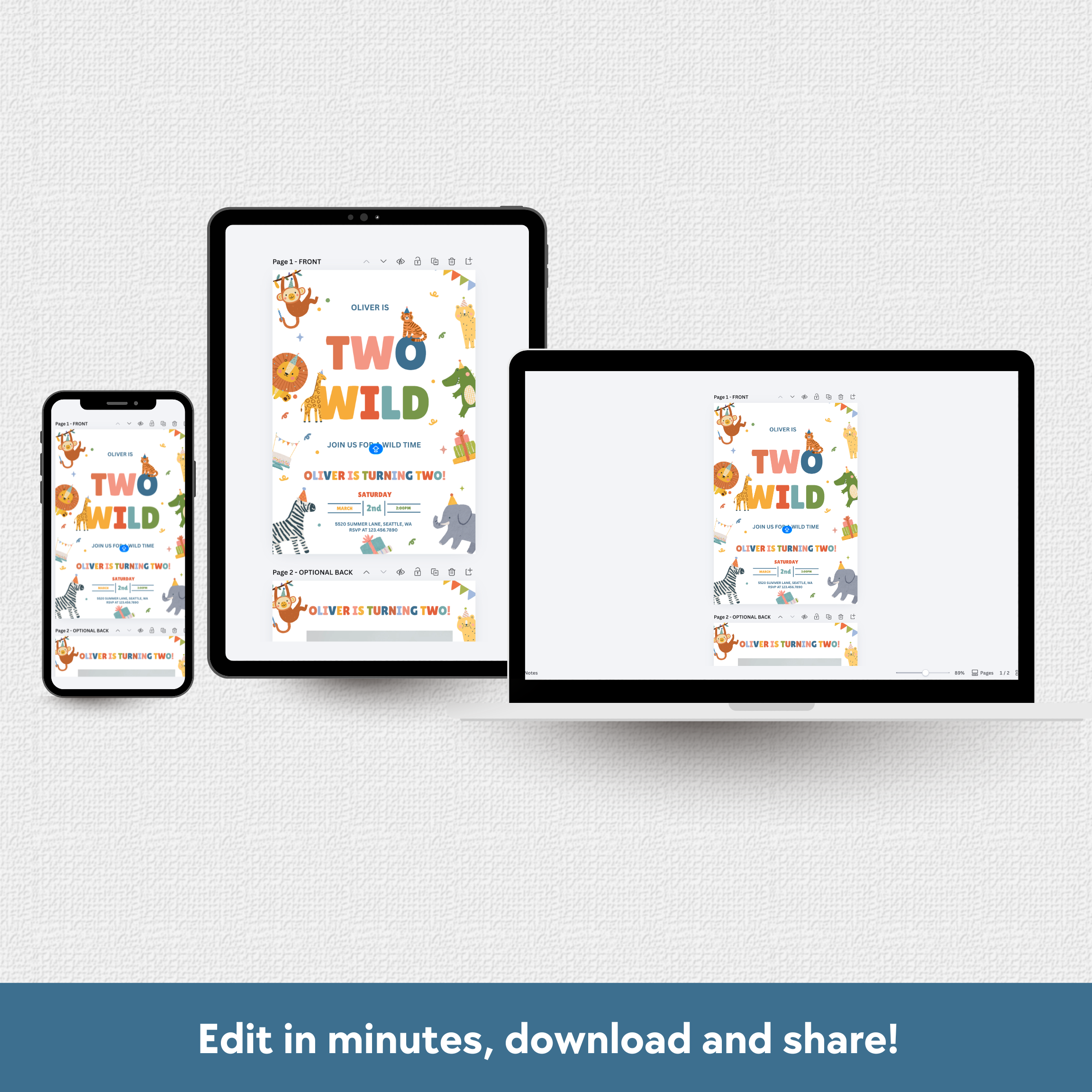 Digital design on a tablet, smartphone, and computer screen with 'Two Wild' branding.