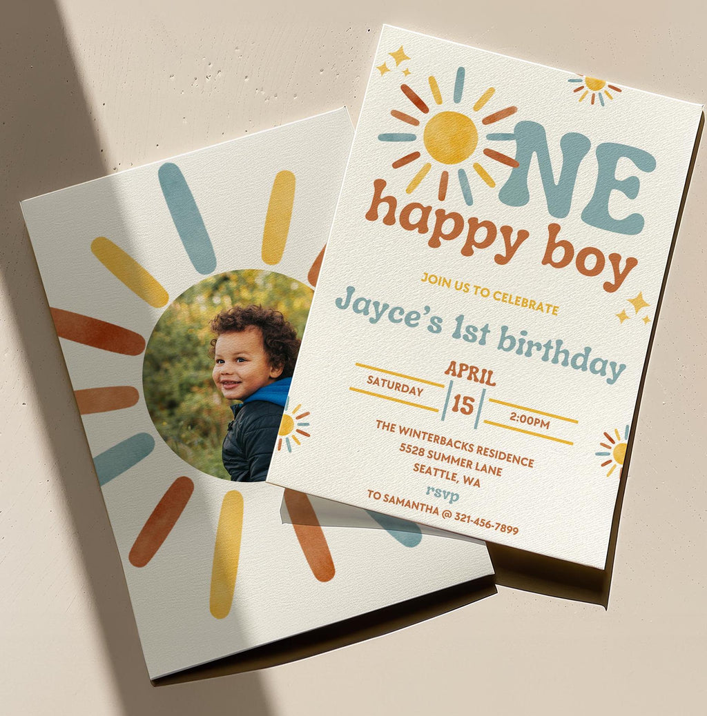 One Happy Boy Birthday Invitation - Boho Sunshine Theme - Digital Download