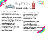 Party Pop! Fast One Signage Bundle with product list and branding.