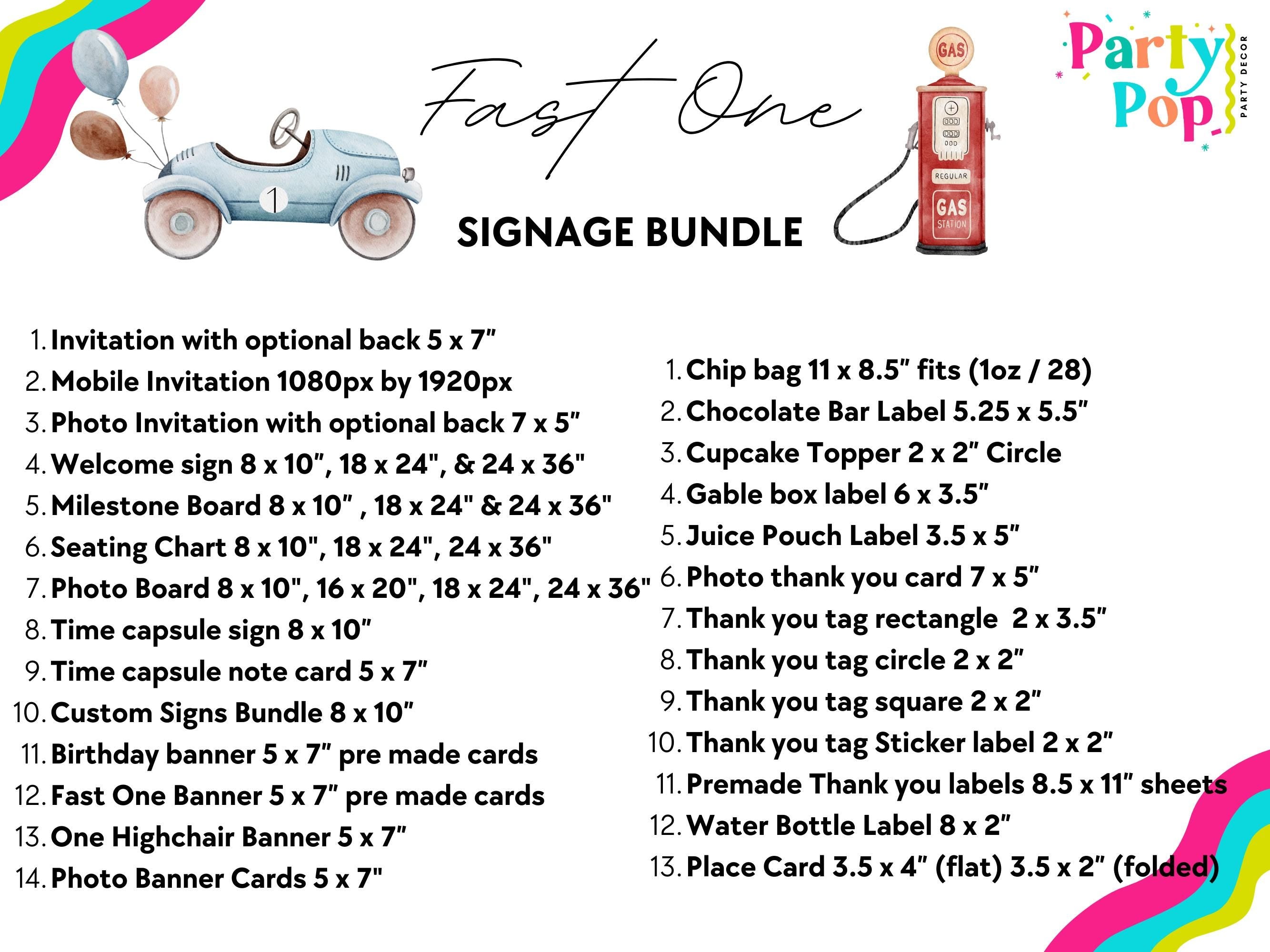 Party Pop! Fast One Signage Bundle with product list and branding.