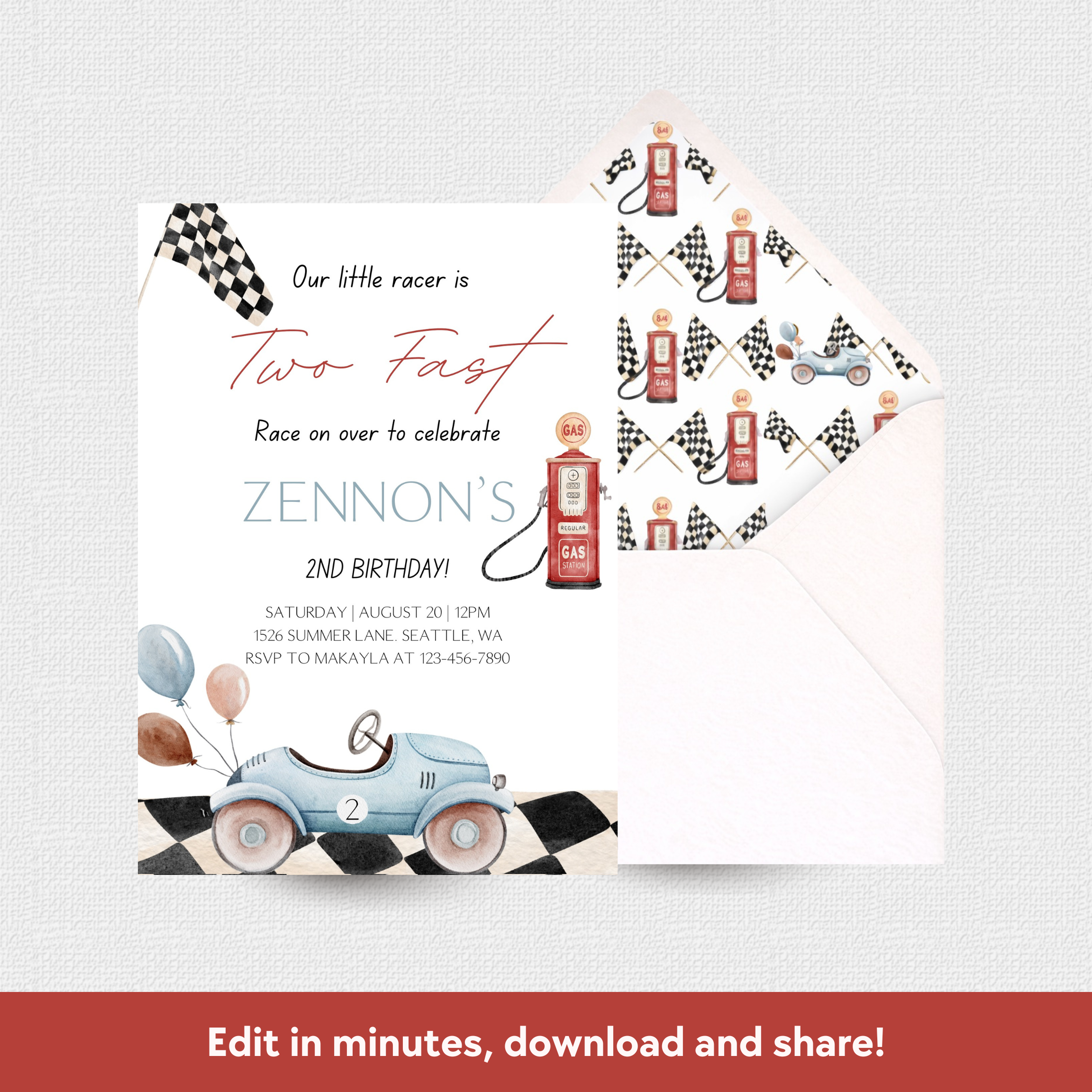 Birthday invitation card with race car theme on a white background