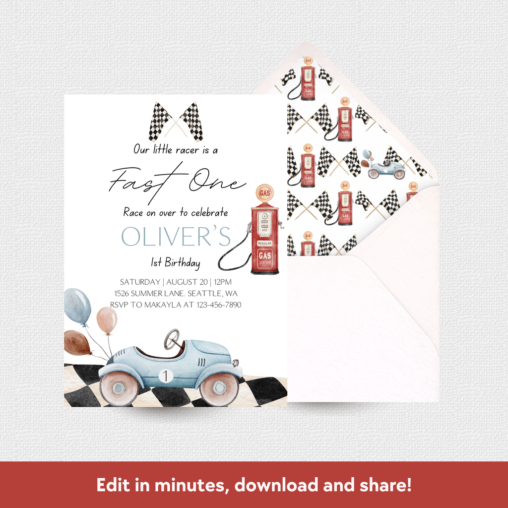 Children's birthday party invitation with race car theme on a white background