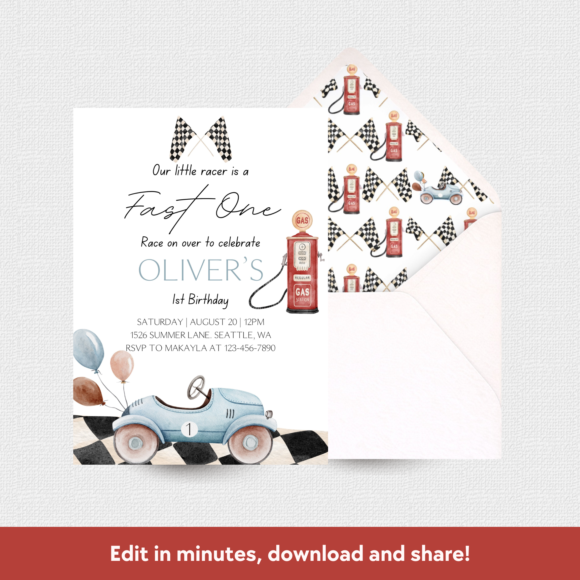 Children's birthday party invitation with race car theme on a white background