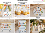 A collage showing included party favor items for a children's safari-themed birthday celebration: a gable box label, cupcake toppers, a thank you tag circle, a thank you tag square, a party hat, and additional favor bags and decorated hats. The items feature colorful safari animal illustrations and the text 'Wild Time' and 'Thank You.