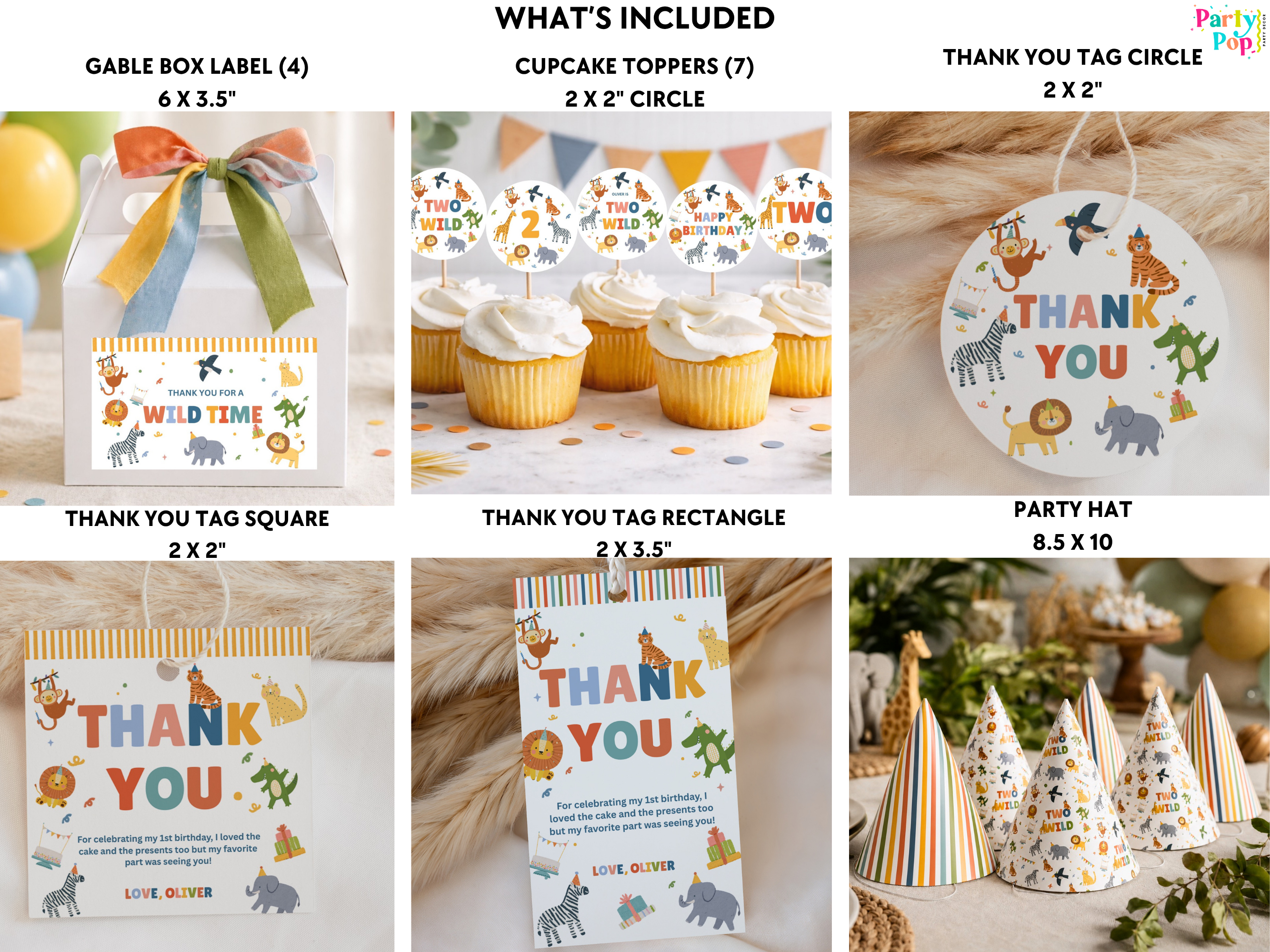 A collage showing included party favor items for a children's safari-themed birthday celebration: a gable box label, cupcake toppers, a thank you tag circle, a thank you tag square, a party hat, and additional favor bags and decorated hats. The items feature colorful safari animal illustrations and the text 'Wild Time' and 'Thank You.