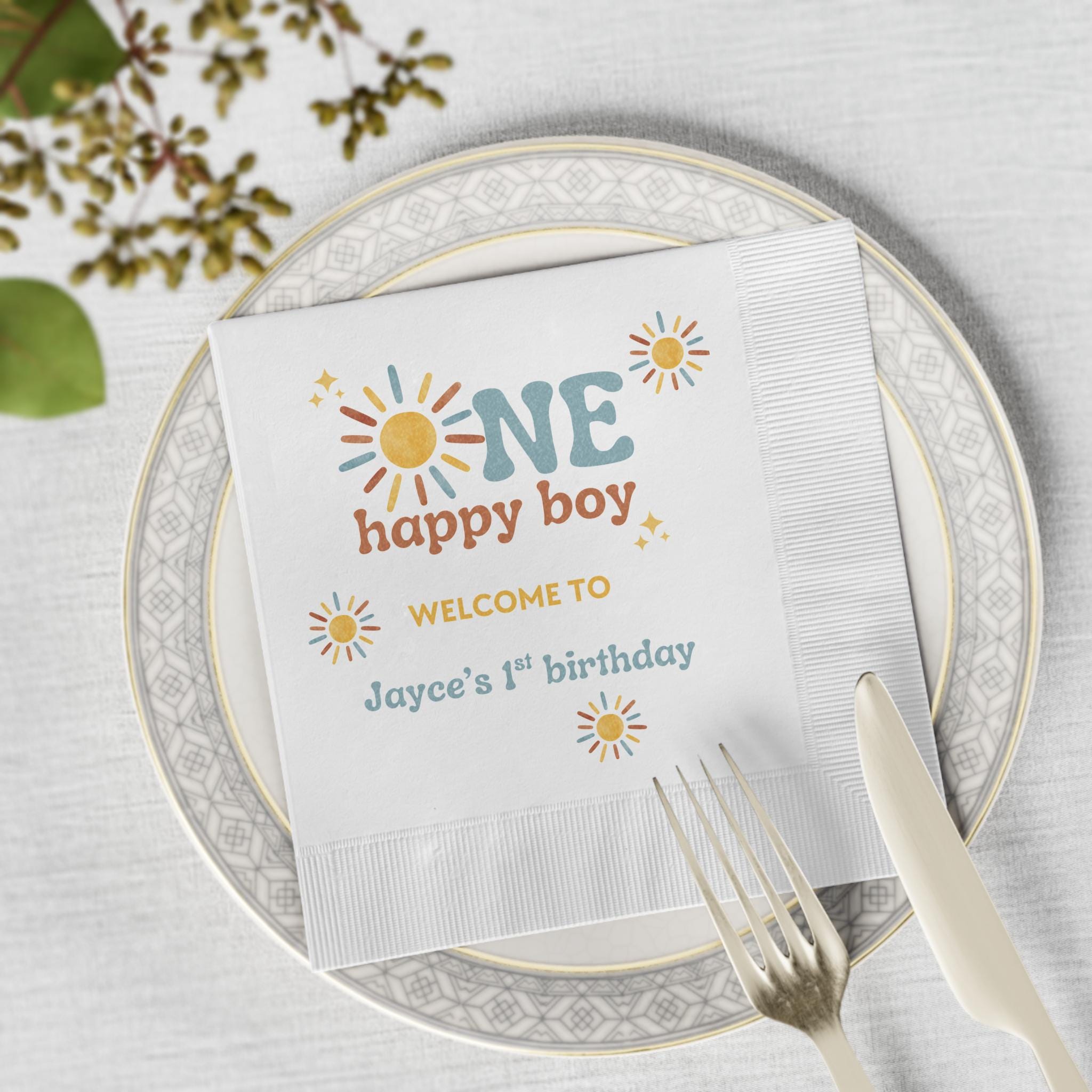One Happy Boy Custom Napkins - Sunshine Boho Theme