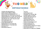 A digital listing graphic for a 'Two Wild Birthday Bundle' by Party Pop, showing a colorful title and a comprehensive checklist of 28 printable party stationery items with dimensions and quantities.