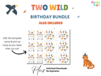 A promotional graphic for a 'Two Wild Birthday Bundle' by Party Pop, showing editable printable templates for a bird and a tiger. The graphic includes text explaining that the templates can be edited and printed as many times as needed, with a preview of circular and rectangular sticker-style designs featuring cartoon animals and the words 'THANK YOU'.
