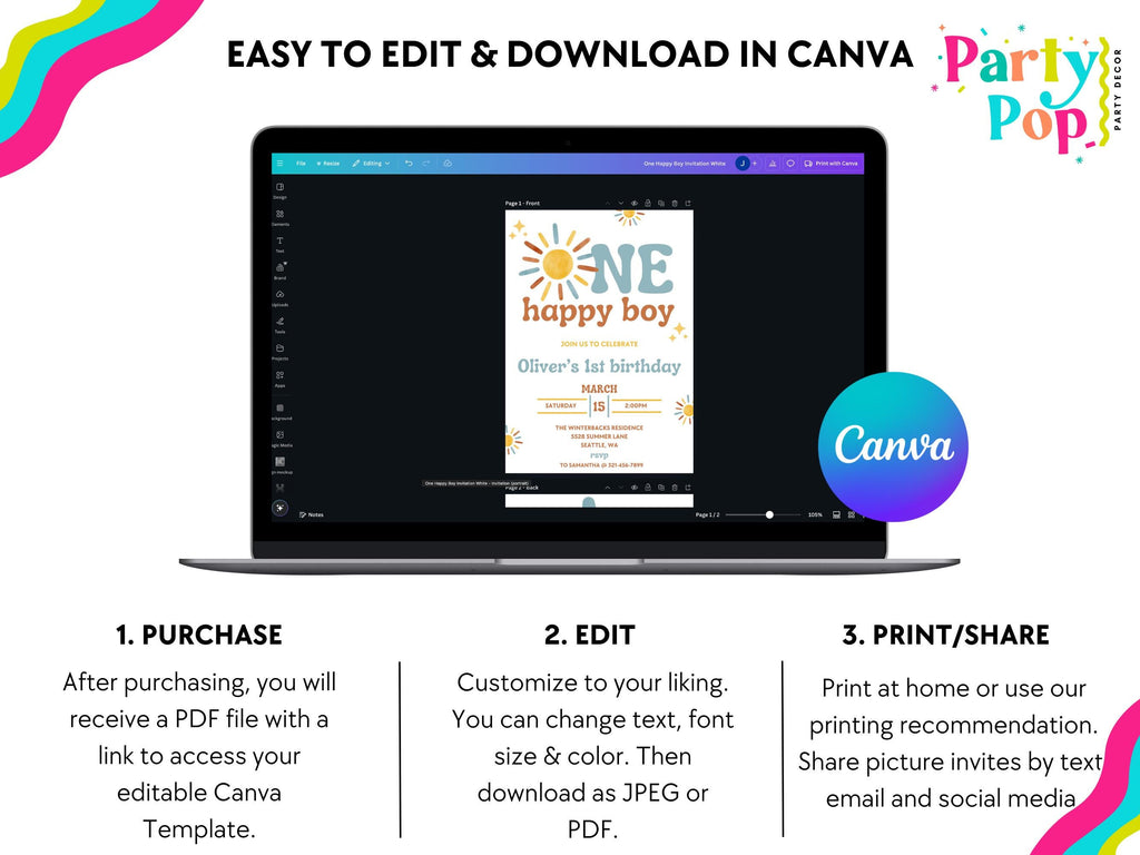 One Happy Boy Birthday Invitation - Boho Sunshine Theme - Digital Download