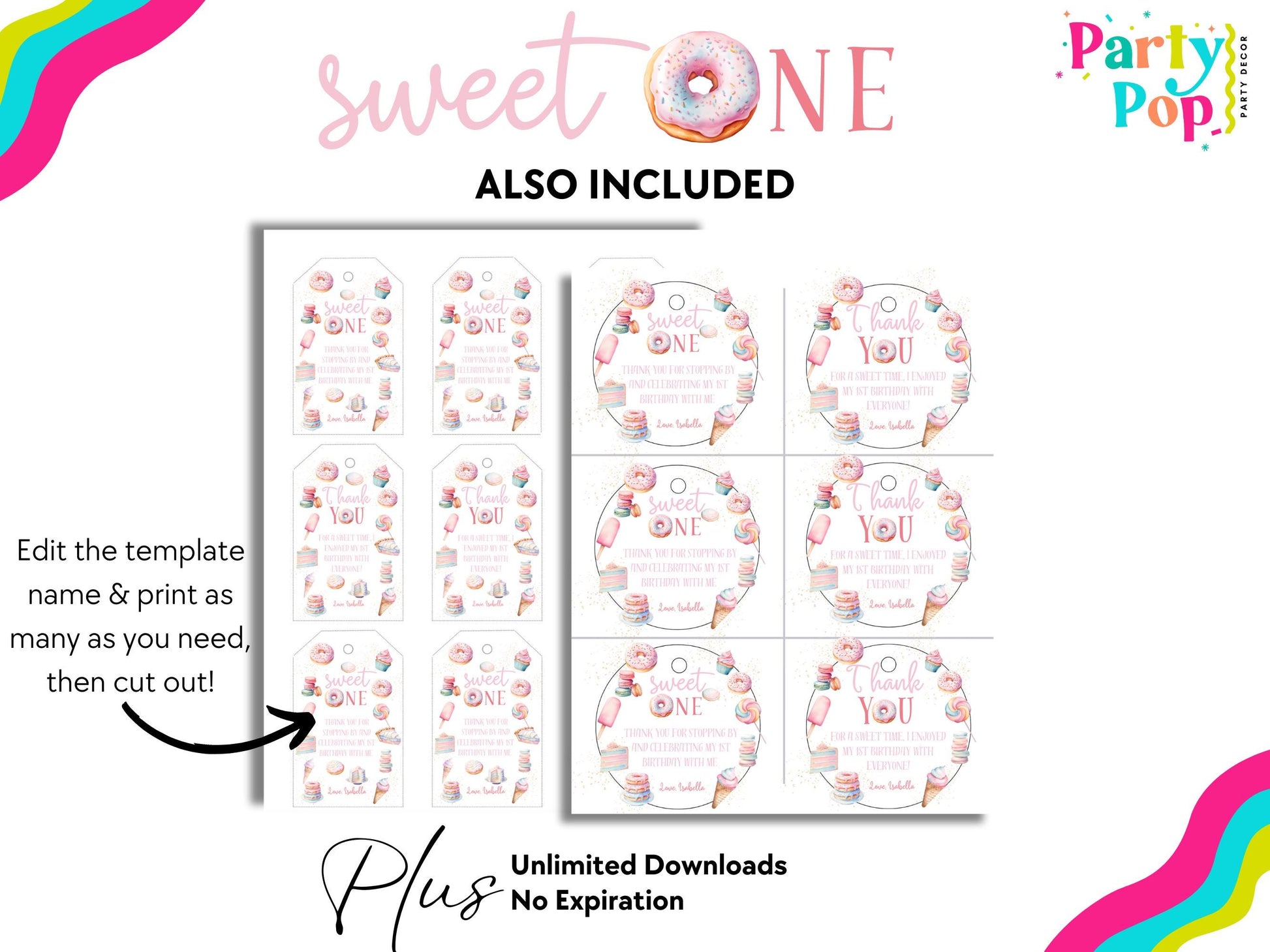 Sweet One 1st Birthday Bundle - Sweets Themed Birthday Supplies - Digital Download