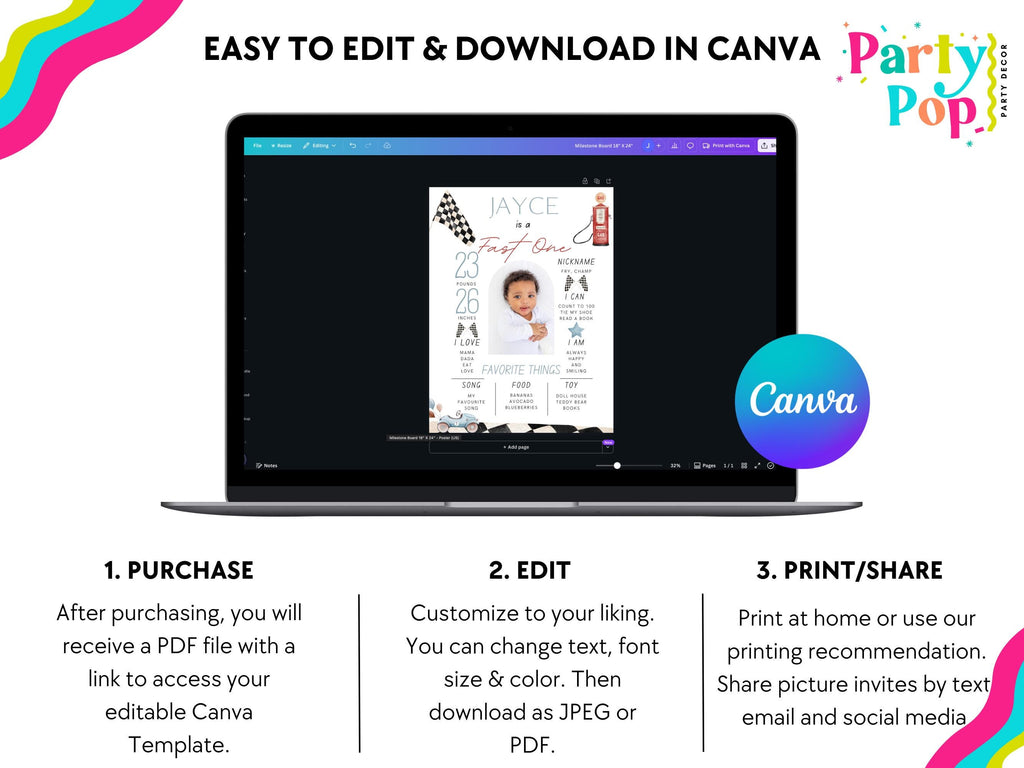 Fast One 1st Birthday Milestone Board - Digital Download