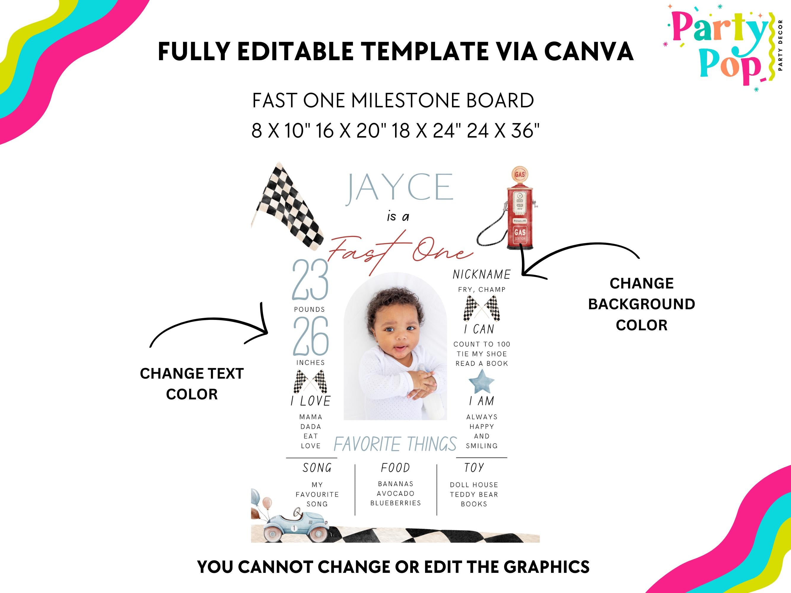 Fast One 1st Birthday Milestone Board - Digital Download