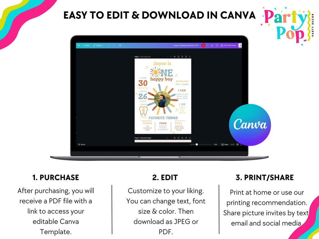 One happy Boy Milestone Board - First Birthday Milestone Board - Boho Sunshine - Digital Download