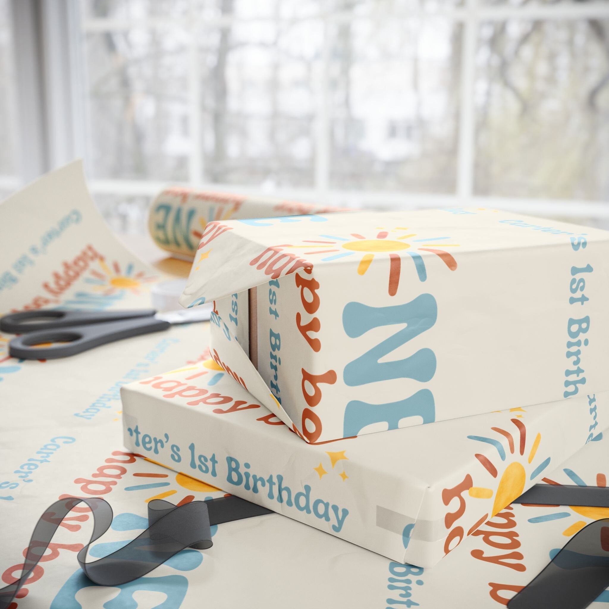 One Happy Boy Custom Birthday Wrapping Paper - Sunshine Theme