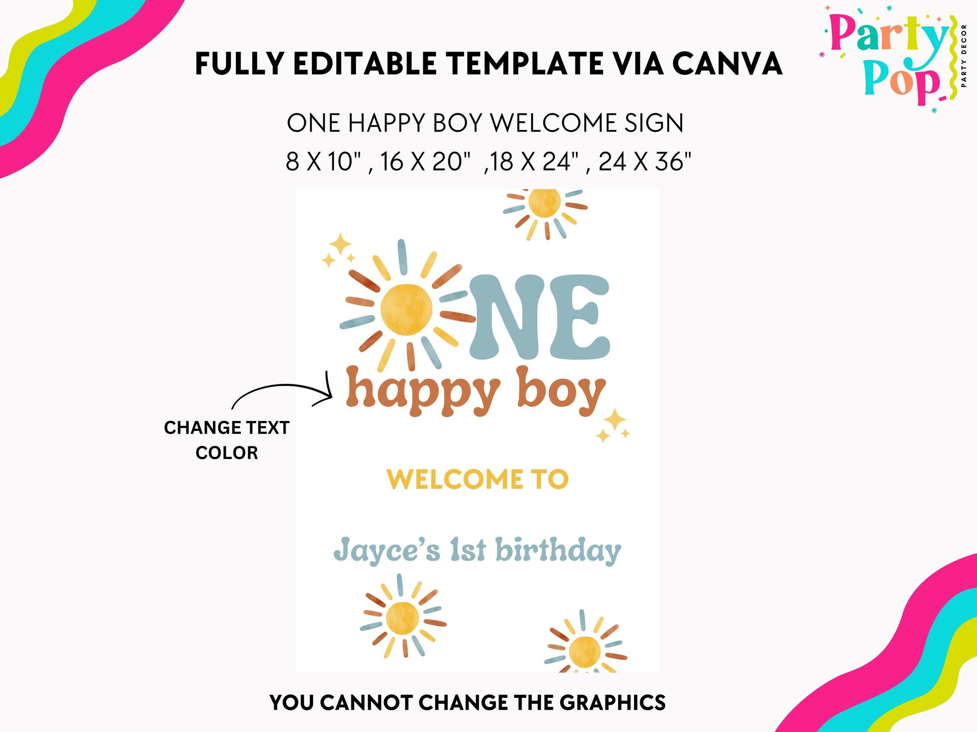 One Happy Boy 1st Birthday Welcome Sign  - Boho Sunshine Theme - Digital Download