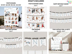 Collection of birthday party decorations including photo boards, banners, and signs.
