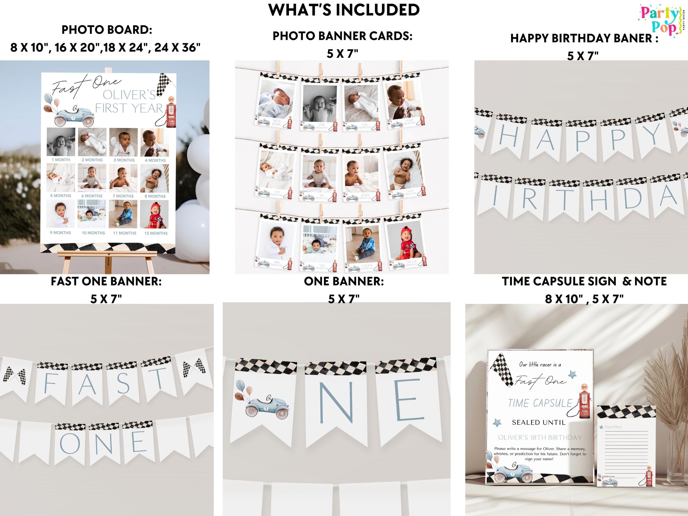 Collection of birthday party decorations including photo boards, banners, and signs.