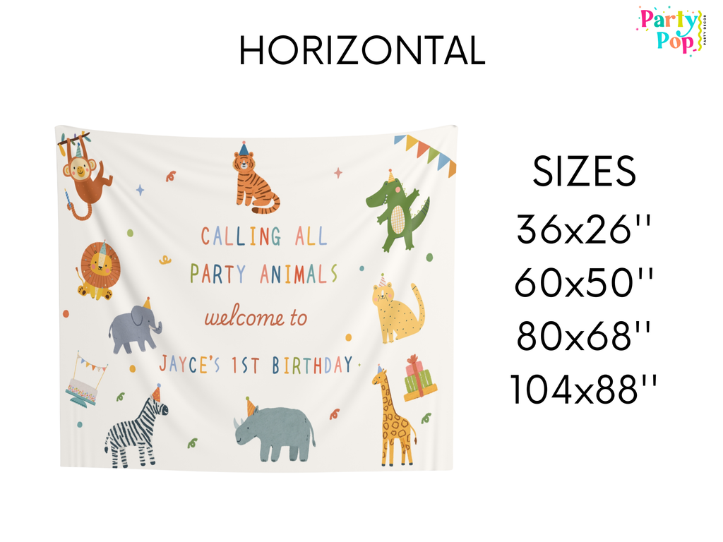 Children's party blanket with animal illustrations and text, displayed with size options on a white background.