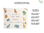 Children's party blanket with animal illustrations and text, displayed with size options on a white background.