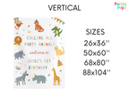Party animal-themed backdrop with customizable sizes on a white background
