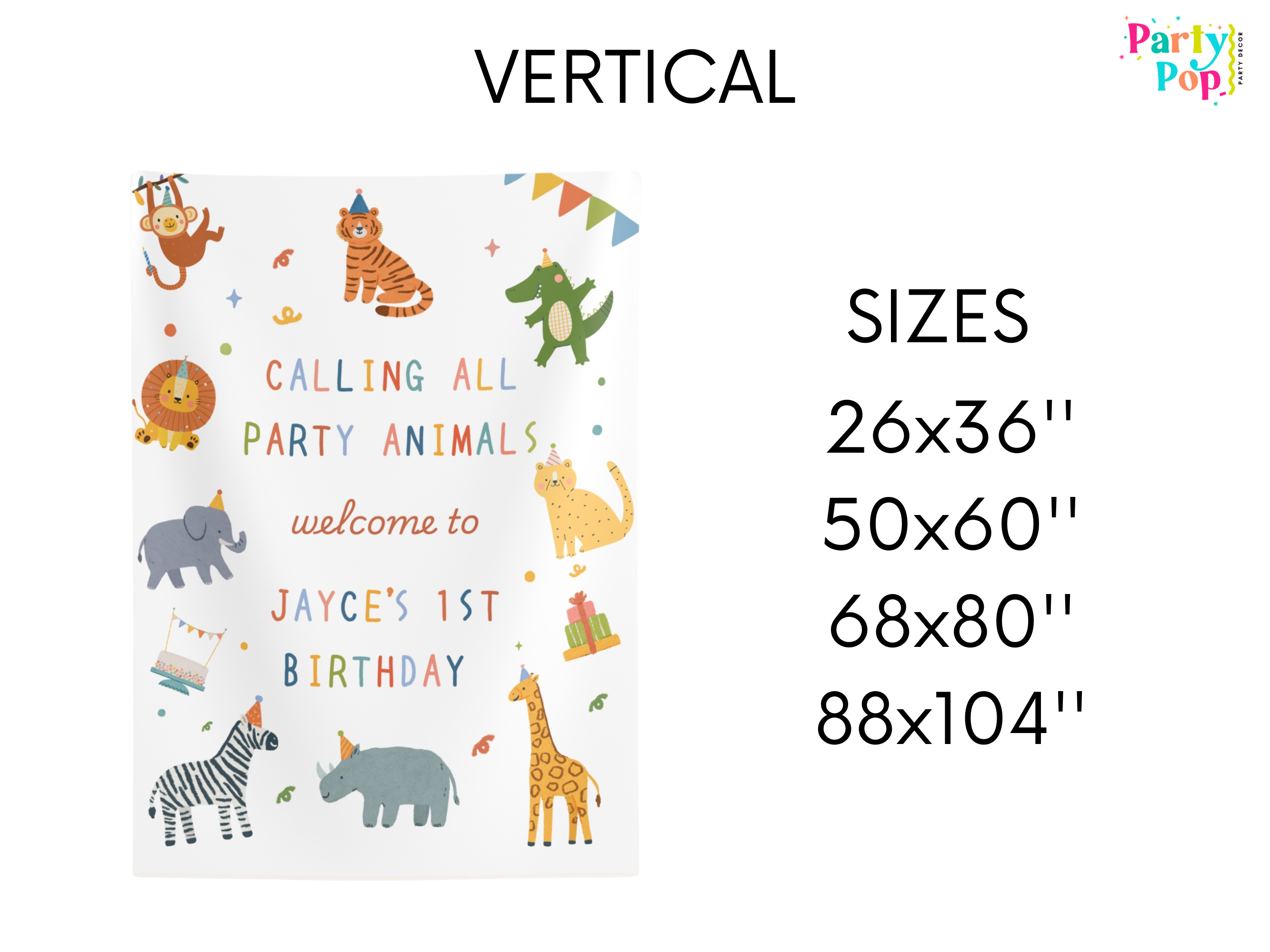 Party animal-themed backdrop with customizable sizes on a white background