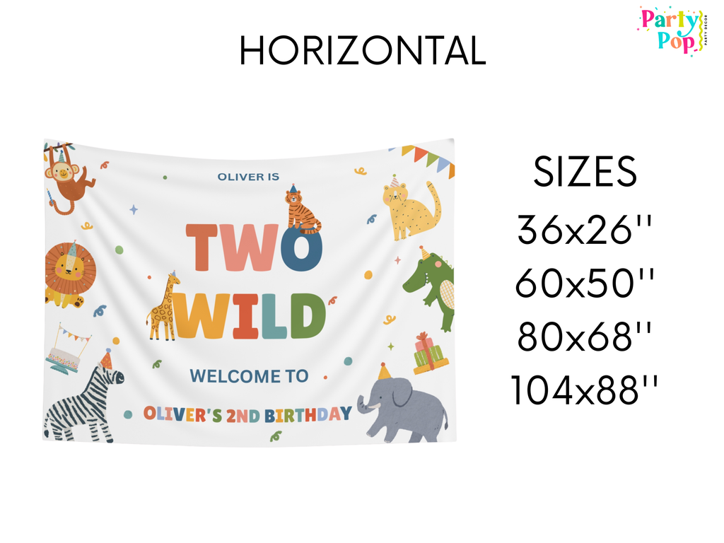 Children's birthday banner with animal designs and customizable text, displayed with size options.
