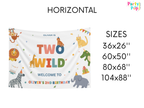Children's birthday banner with animal designs and customizable text, displayed with size options.