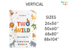 Children's birthday banner with animal illustrations and text, displayed vertically.