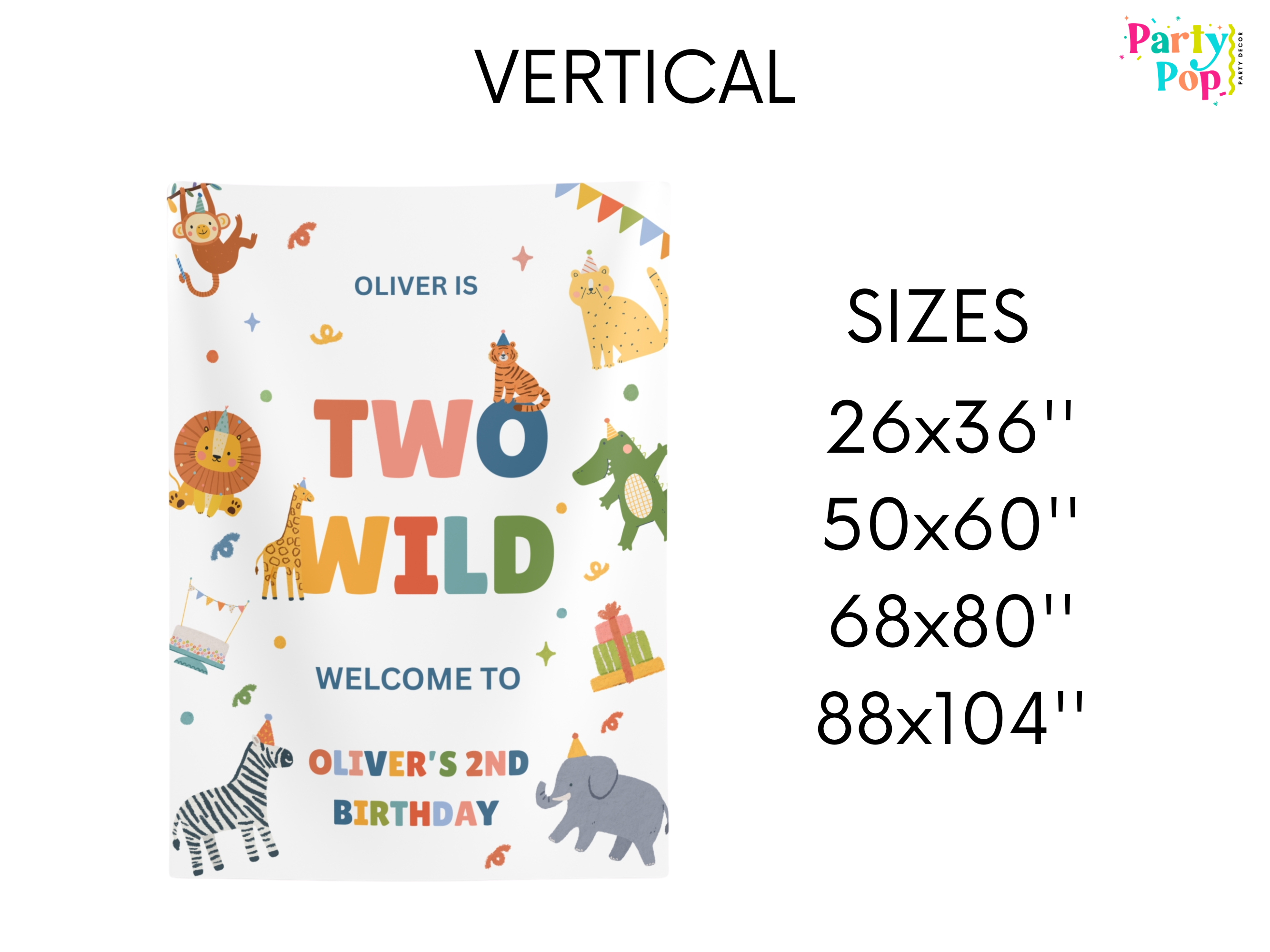 Children's birthday banner with animal illustrations and text, displayed vertically.