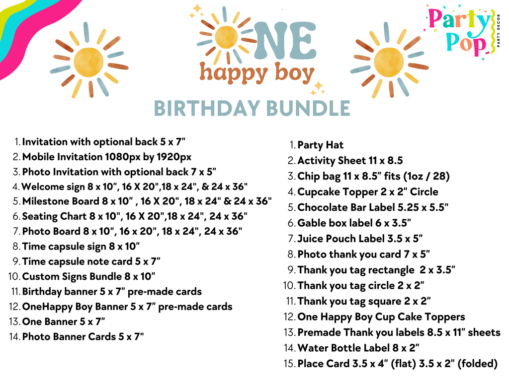 One Happy Boy birthday bundle list with product details on a white background