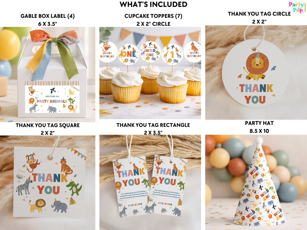 Collection of party supplies including gable box labels, cupcake toppers, thank you tags, and a party hat with animal illustrations.