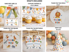 Collection of party supplies including gable box labels, cupcake toppers, thank you tags, and a party hat with animal illustrations.