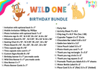 Wild One birthday bundle list with cartoon monkey and tiger design on a colorful background.
