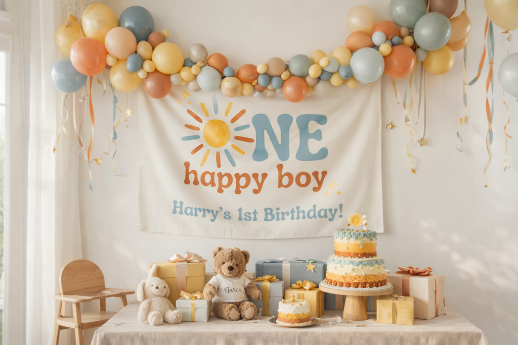 Children's birthday party setup with balloons, cake, and 'One happy boy' banner.
