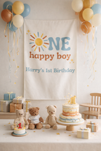 Birthday celebration with 'Happy Boy' banner, balloons, and teddy bears.